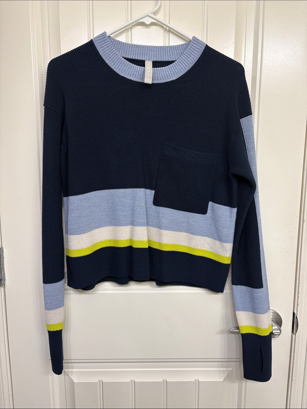 Athleta Navy & Blue Striped Women's Pullover Crop Trailhead Colorblock Sweater